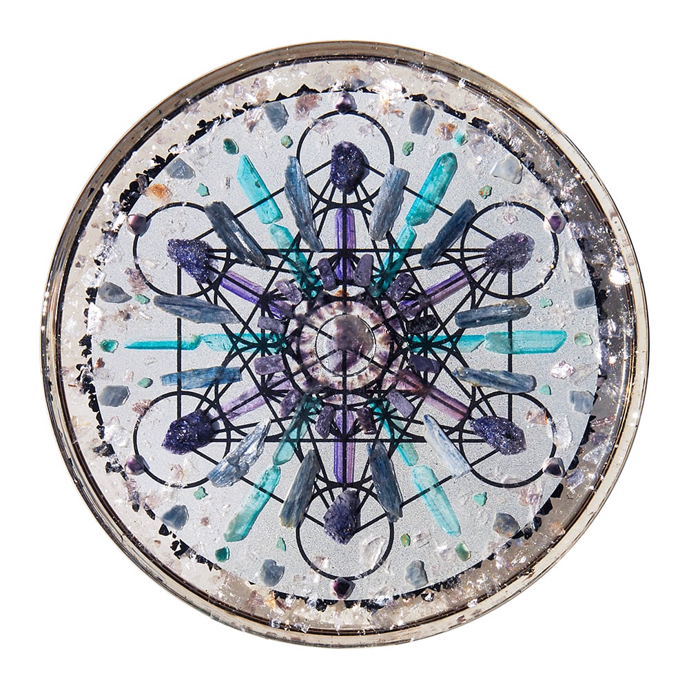 Image of 14" Plate:  Amethyst/Violet Flame & Aqua Aura Quartz/Charoite.Kyanite/Turquoise/Metatron's Cube