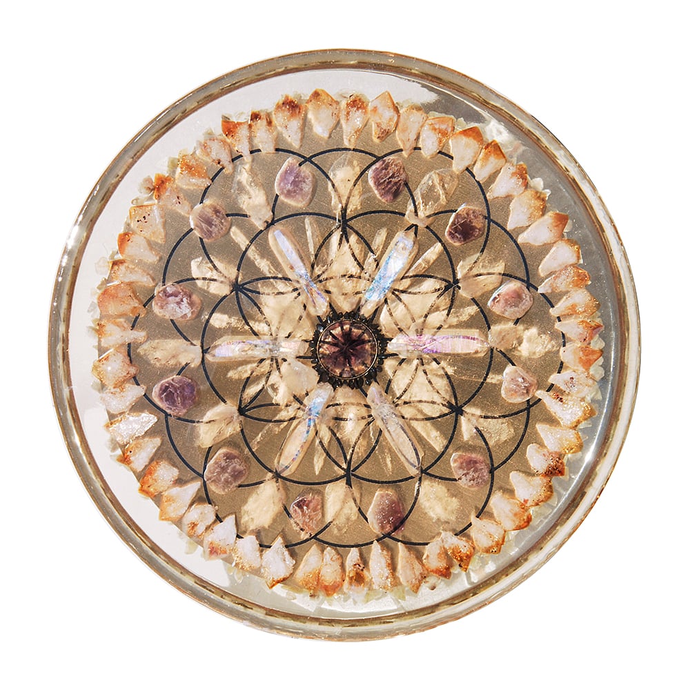 Image of 14" Plate:  Amethyst/Hematite/AngelAura/BrazilianQuartz/Ametrine/Citrine/Flower Of Life