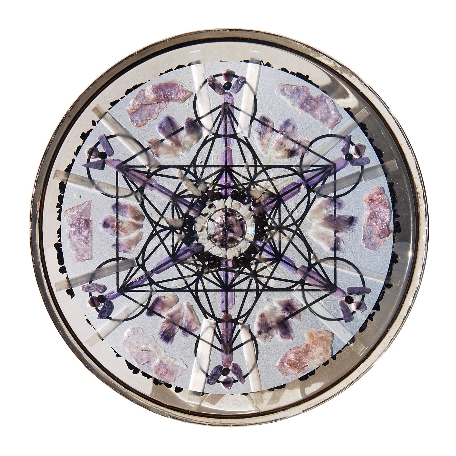 Image of 14" Plate:  Amethyst/Moonstone/Black Tourmaline/Violet Flame/Charoite/Pearl/Metatron's Cube