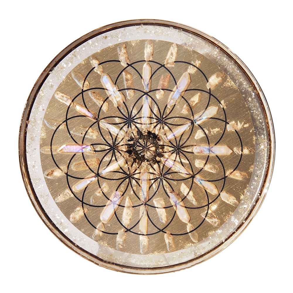 Image of 14" Plate:  Herkimer Diamond/Pyrite/Obsidian/Angel Aura/Brazilian Quartz/Mica/Flower of Life