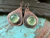 Image 5 of Flourishes earrings. Copper and Prehnite