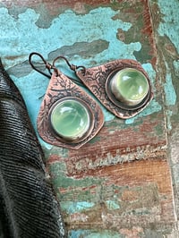 Image 7 of Flourishes earrings. Copper and Prehnite