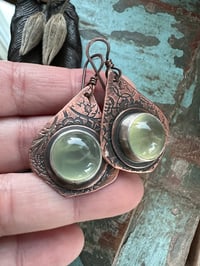 Image 6 of Flourishes earrings. Copper and Prehnite