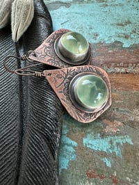 Image 8 of Flourishes earrings. Copper and Prehnite