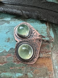 Image 10 of Flourishes earrings. Copper and Prehnite