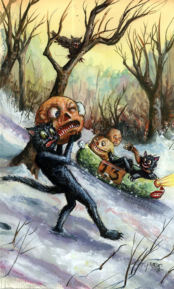 Image of "Downhill" the December 2024 Shiverbones Halloween Postcard