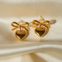 Image 2 of 18K Gold Plated Heart and Bow Earrings 