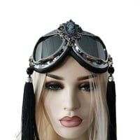 Image 1 of Rave Streampunk Burning Man Festival Beauty Head Black Tassel Cyber Goth Costume Goggles