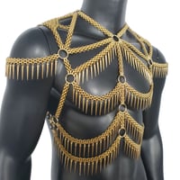 Image 2 of Burning Man Body Chain, Gold Spike Fringe Metal Chain Harness, Rave Punk Chest Harness