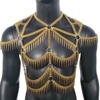 Image 1 of Burning Man Body Chain, Gold Spike Fringe Metal Chain Harness, Rave Punk Chest Harness