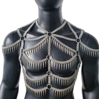 Image 1 of Burning Man Body Chain, Silver Spike Fringe Metal Chain Harness, Rave Punk Chest Harness