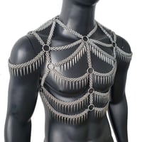Image 2 of Burning Man Body Chain, Silver Spike Fringe Metal Chain Harness, Rave Punk Chest Harness