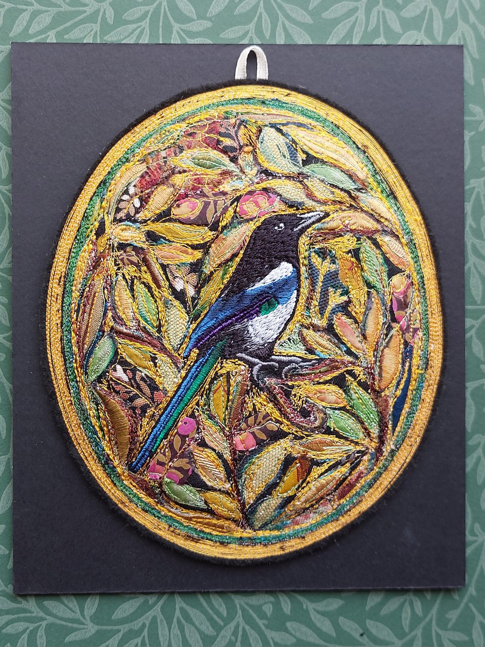 Image of Autumn Magpie miniature embroidery hanging