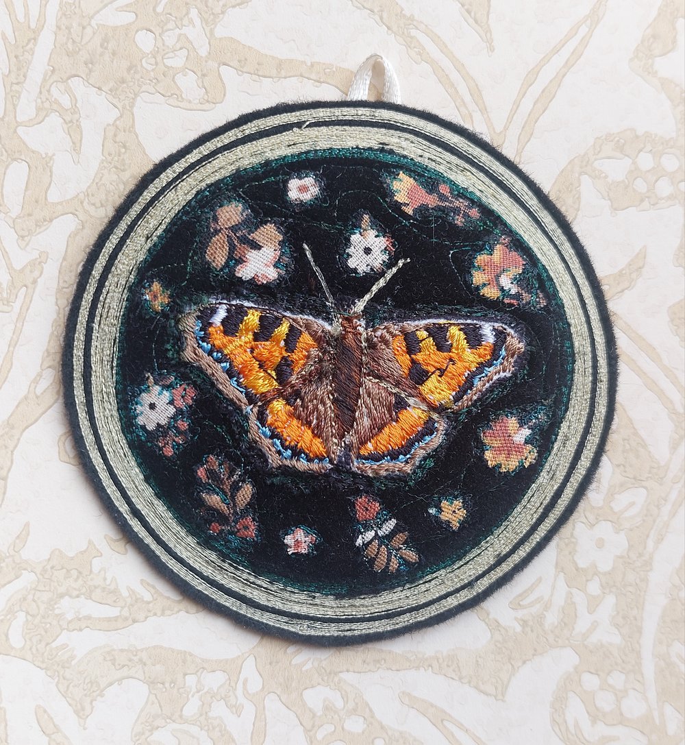 Image of Small Tortoishell Butterfly embroidery hanging