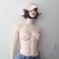 Image 1 of Women hand crochet striped bucket hat bra set (recycled  yarn blend) 