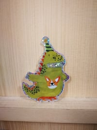 Sticker pailleté Corgi Dinosaure