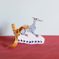 Image 1 of Hanging Whippet Ornament - Blue with Yellow bow