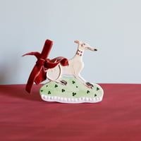 Image 1 of Hanging Whippet Ornament - Fawn with red bow