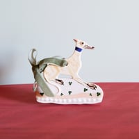 Image 1 of Hanging Whippet Ornament - light fawn brindle with green bow