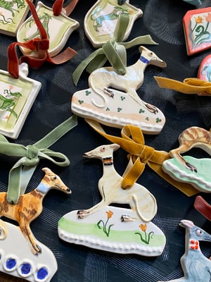 Image of Hanging Whippet Ornament - light fawn brindle with green bow