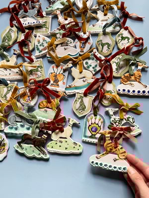 Image of Hanging Whippet Ornament - light fawn brindle with green bow