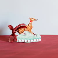 Image 1 of Hanging Whippet Ornament - Tan Brindle with red bow