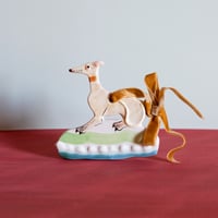 Image 1 of Hanging Whippet Ornament - Light brindle with yellow bow