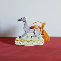 Image 1 of Hanging Whippet Ornament - Blue with Yellow bow.