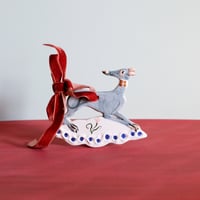 Image 1 of Hanging Whippet Ornament - Blue with Red bow and tulip