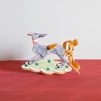 Image 1 of Hanging Whippet Ornament - Blue with green base and yellow bow