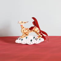 Image 1 of Hanging Whippet Ornament - Light Brindle with red bow