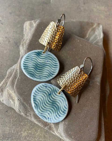 Image of Teal Wave - Sterling, Brass & Porcelain Earrings 