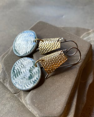 Image of Teal Wave - Sterling, Brass & Porcelain Earrings 