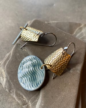 Image of Teal Wave - Sterling, Brass & Porcelain Earrings 