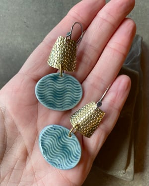 Image of Teal Wave - Sterling, Brass & Porcelain Earrings 