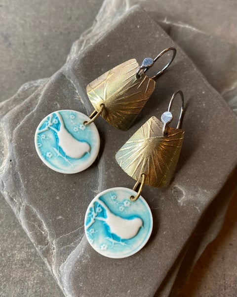 Image of Sweet Tweets - Sterling, Brass & Porcelain Earrings 