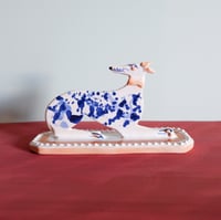 Image 2 of Large Whippet Ornament - cobalt with pink collar