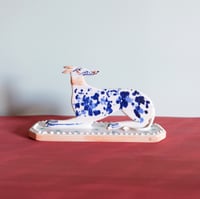 Image 1 of Large Whippet Ornament - cobalt with pink collar and clover base