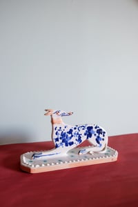 Image 4 of Large Whippet Ornament - cobalt with pink collar and clover base