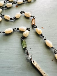 Image 2 of wire wrapped pearl and tourmaline necklace with quote bar pendant