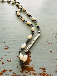 Image 3 of wire wrapped pearl and tourmaline necklace with quote bar pendant