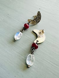 Image 3 of crescent moon rainbow moonstone and ruby dangle earrings