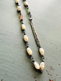 Image 7 of wire wrapped pearl and tourmaline necklace with quote bar pendant