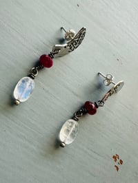 Image 4 of crescent moon rainbow moonstone and ruby dangle earrings