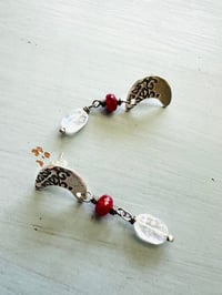 Image 5 of crescent moon rainbow moonstone and ruby dangle earrings