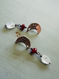 Image 6 of crescent moon rainbow moonstone and ruby dangle earrings