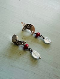 Image 7 of crescent moon rainbow moonstone and ruby dangle earrings