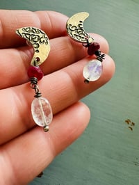 Image 8 of crescent moon rainbow moonstone and ruby dangle earrings