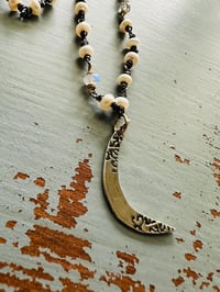 Image 1 of heirloom button pearl necklace with opals and crescent moon pendant