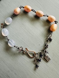 Image 2 of chunky peach pearl and lavender chalcedony sterling silver charm bracelet